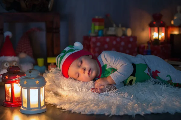 Sweet Toddler Child Boy Sleeping Lots Toys Dressed Elf Cristmas — Stock Photo, Image