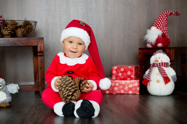 Cute Toddler Child Boy Playing Christmas Decoration Home Dressed Santa — Stock Photo, Image