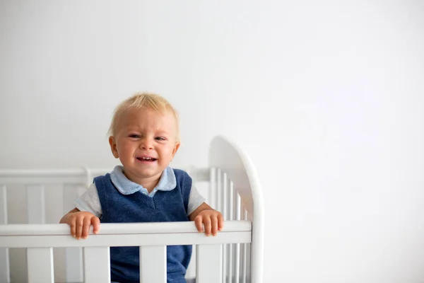 Sad Little Baby Boy Nicely Dressed Feeling Unhappy Baby Cot — Stock Photo, Image