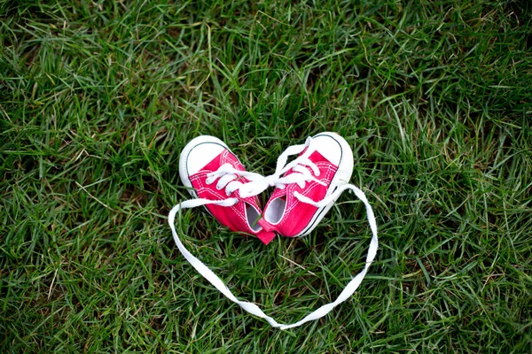 Baskets Pour Bébés Tout Petits Rouges Sur Herbe — Photo