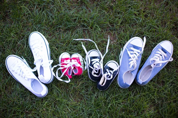 Four Different Colors Pair Sneakers Shoes Whole Family Lying Grass — Stock Photo, Image