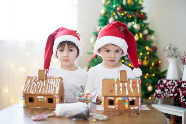 Due Dolci Ragazzi Fratelli Facendo Casa Biscotti Pan Zenzero Decorare — Foto Stock