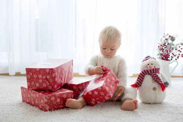 Cute Toddler Boy Sweet Baby Opening Presents Home Back Lit — Stock Photo, Image