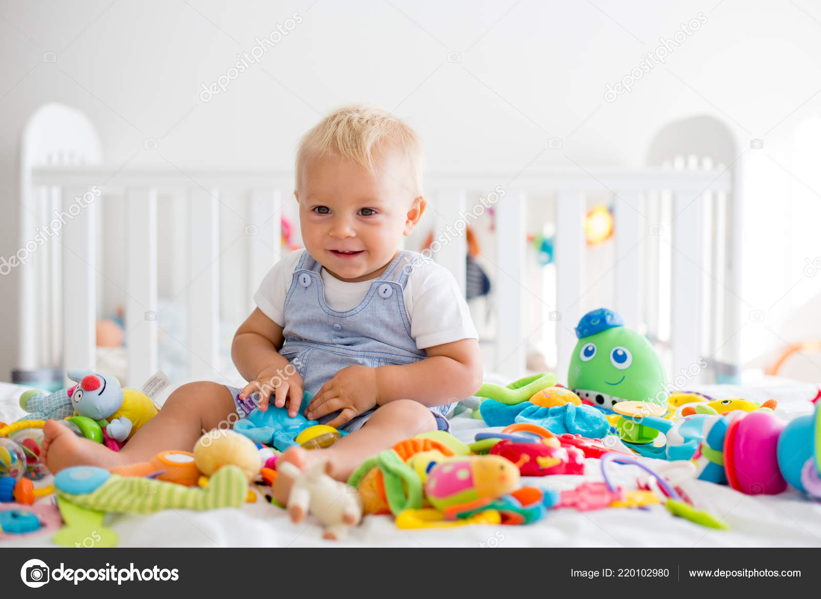 Baby Toddler Boy Playing Many Colorful Toys Sunny Bedroom Smiling