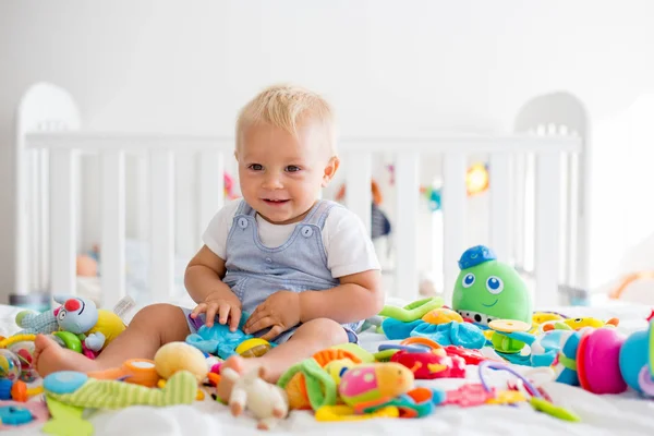 Bebé Niño Pequeño Jugando Muchos Juguetes Coloridos Dormitorio Soleado Sonriendo — Foto de Stock