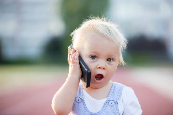 Cute Baby Boy Playing Mobile Phone Park Digital Technologies Hands — Stock Photo, Image