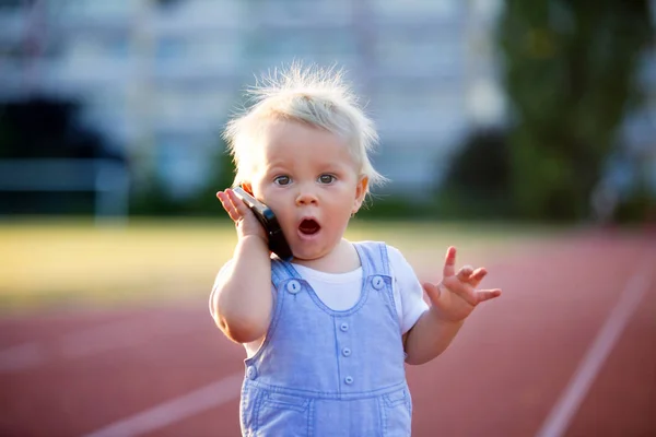 Cute Baby Boy Playing Mobile Phone Park Digital Technologies Hands — Stock Photo, Image