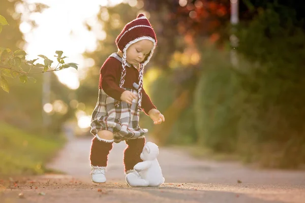 Modischer Kleiner Junge Strickkostüm Spaziert Herbstpark Mit Plüschtier Der Hand — Stockfoto
