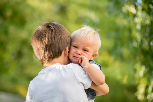 Kleine Peuter Babyjongen Huilen Oudere Broer Die Hem Het Park — Stockfoto