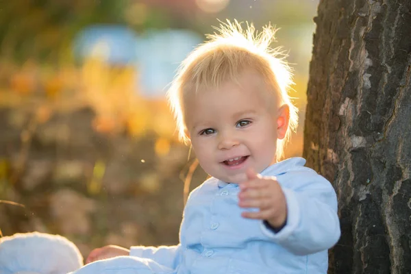Милый Блондин Маленький Мальчик Гуляющий Осеннем Парке Плюшевой Игрушкой Руках — стоковое фото