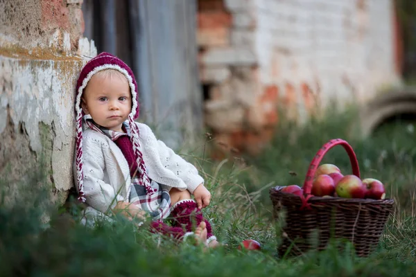 Ein Kind Isst Herbst Äpfel Einem Dorf Der Kleine Junge — Stockfoto