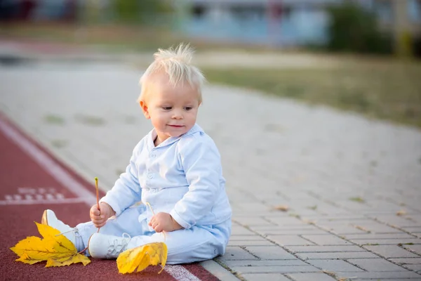 Ładny Toddler Blond Chłopca Spaceru Parku Jesień Pluszową Zabawkę Rękach — Zdjęcie stockowe