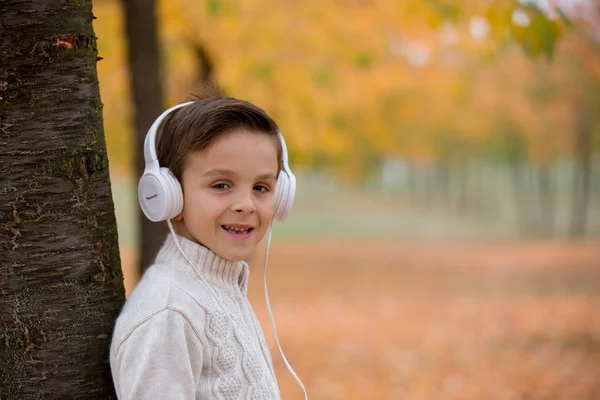 Dulce Retrato Niño Preescolar Escuchando Música Con Auriculares Teléfono Móvil —  Fotos de Stock