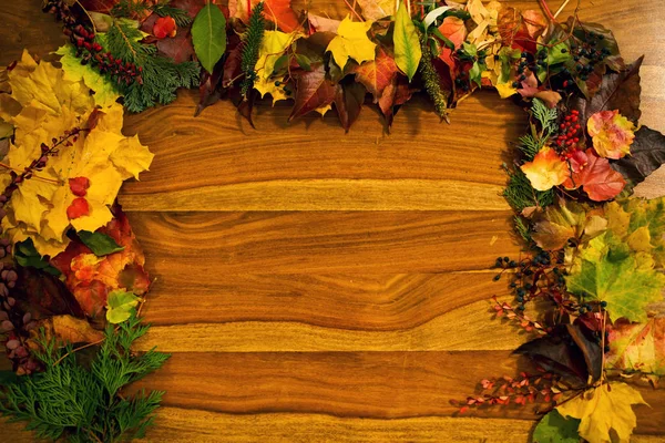 Autumn Background Concept Close Colorful Leaves Wooden Background Old Brown — Stock Photo, Image