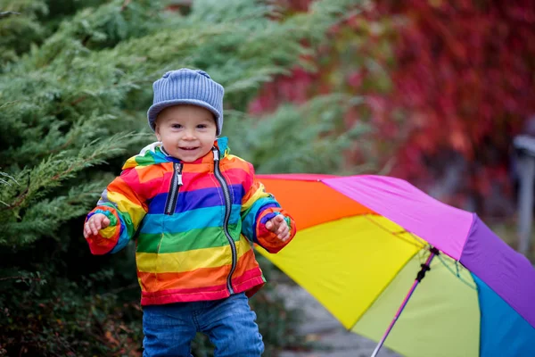 Sweet Funny Child Rainboy Coat Multicolored Umbrella Jumping Puddles Iand — Stock Photo, Image