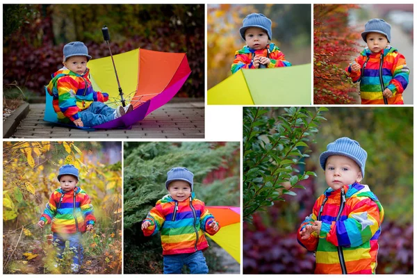 Sladký Legrační Dítě Rainboy Kabát Vícebarevné Deštník Skákání Kalužích Iand — Stock fotografie