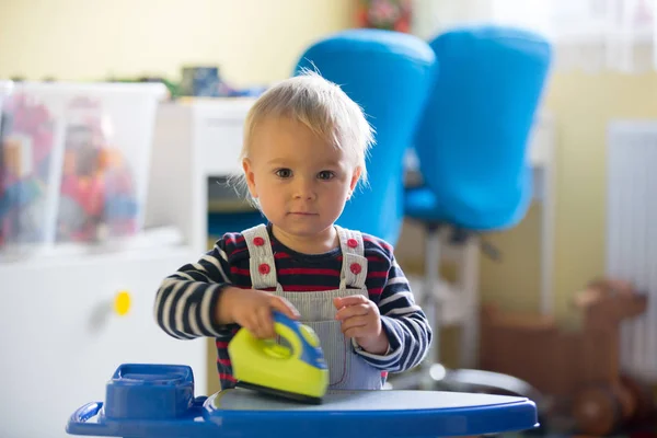 Sweet Toddler Boy Playing Toy Iron Iron Board Helping Mom — Stock Photo, Image