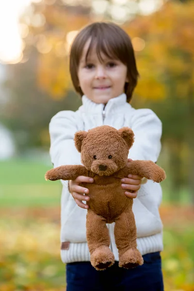 Ładny Dziecka Wieku Przedszkolnym Chłopiec Trzymając Mały Brązowy Miś Parku — Zdjęcie stockowe