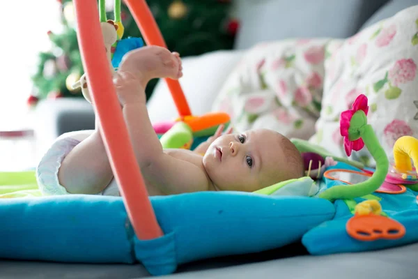 Little Baby Boy Playing Colorful Toys Home Newborn Baby Activity — Stock Photo, Image