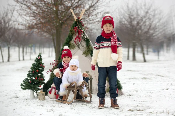 Happy Family Kids Having Fun Outdoor Snow Christmas Playing Sledge Royalty Free Stock Photos