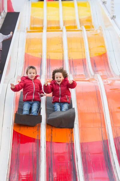 Happy Children Going Huge Slide Happy Enjoying Ride — Stock Photo, Image