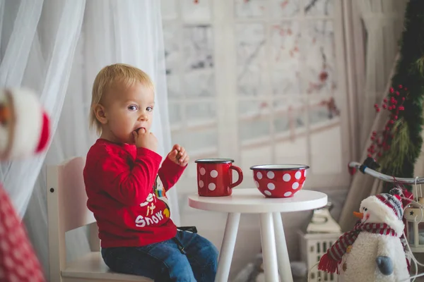 Menino Bebendo Chá Comendo Biscoitos Com Brinquedo Pelúcia Dia Nevado — Fotografia de Stock