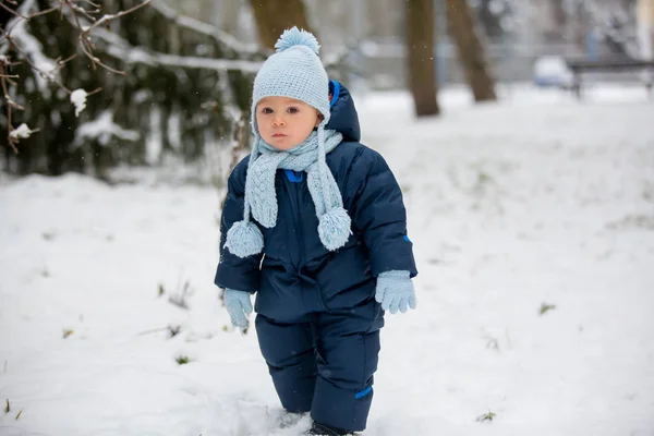 Tatlı Küçük Çocuk Kış Günü Dışarıda Karla Oynuyor Kar Yağıyor — Stok fotoğraf