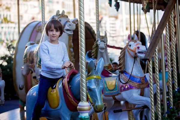 Sweet Boys Brothers Riding Santa Claus Sledge Merry Carousel Attraction — Stock Photo, Image