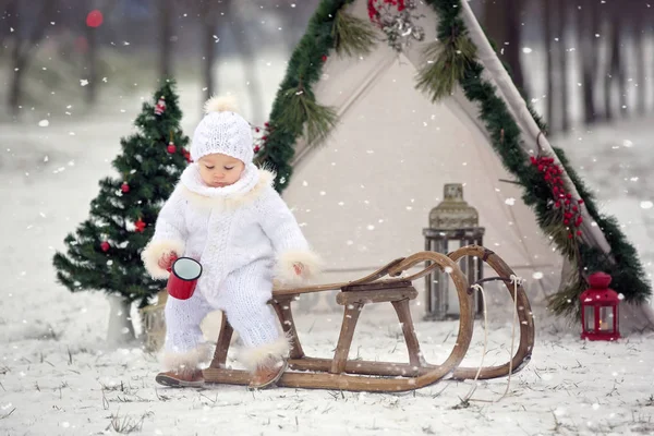 Çocuklu Mutlu Bir Aile Noel Dışarıda Karda Eğleniyorlar Kızakla Oynuyorlar — Stok fotoğraf