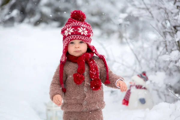 Portrait Cute Toddler Baby Dressed Brown Hand Knitted Jacket Pants — Stock Photo, Image