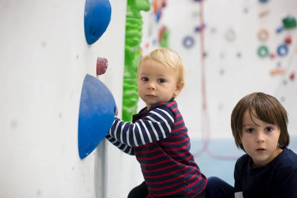 Dulce Niño Preescolar Pared Escalada Interior Divertirse Niños Activos —  Fotos de Stock