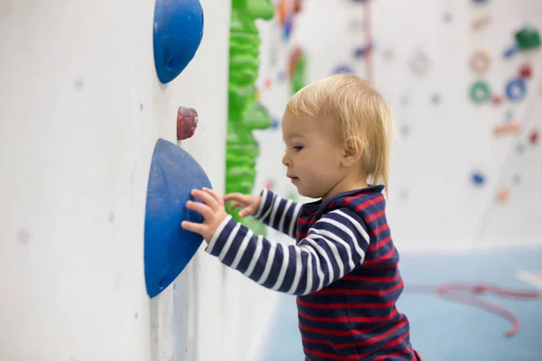 Dulce Niño Preescolar Pared Escalada Interior Divertirse Niños Activos —  Fotos de Stock