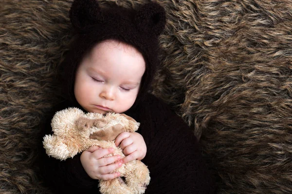 Little Baby Boy Knitted Brown Jumpsuit Bear Sleeping Home Furry — Stock Photo, Image