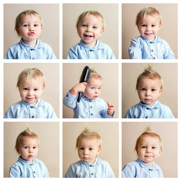 Collage Pictures Cute Baby Toddler Boy Isolated Beige Background Child — Stock Photo, Image