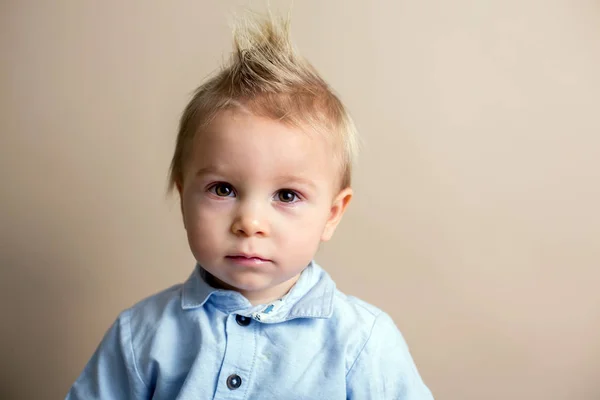 Portrait Cute Baby Toddler Boy Isolated Beige Background Child Dressed — Stock Photo, Image