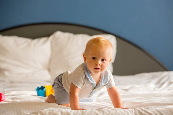 Adorable Baby Boy Sweet Child Playing Bed Colorful Toy Sunny — Stock Photo, Image