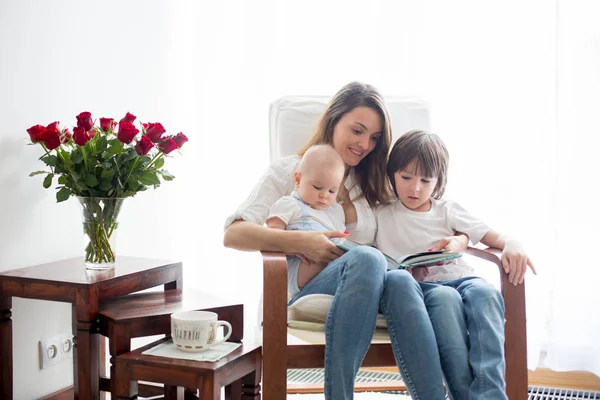 Moeder Spelen Met Haar Peuter Jongen Zijn Oudere Broer Lezen — Stockfoto