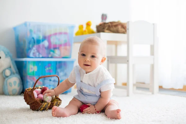 Cute Little Toddler Child Baby Boy Sunny Living Room Playing — Stock Photo, Image