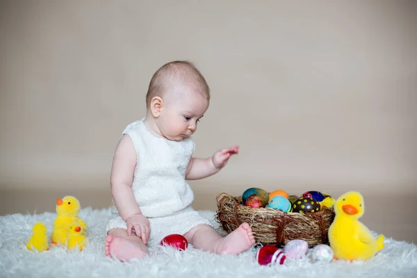 Cute Little Toddler Baby Boy Playing Colorful Easter Eggs Little — Stock Photo, Image