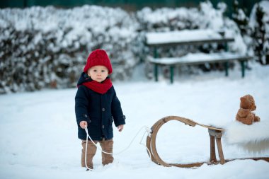 Bebek kışın karda Teddy ile oynuyor. Mavi ceketli küçük çocuk, kızağın üzerinde kayıyor, oyuncak ayıyı tutuyor, kış parkında açık havada oynuyor. Çocuklar karlı parkta oynuyor.
