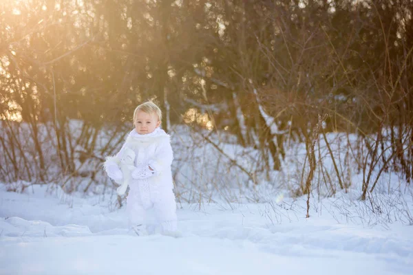 Ребенок Играет Тедди Снегу Зимнее Время Малыш Белом Снежном Костюме — стоковое фото