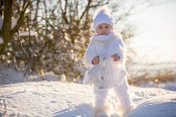 Baby Spelen Met Teddy Sneeuw Winter Tijd Kleine Peuter Jongen — Stockfoto