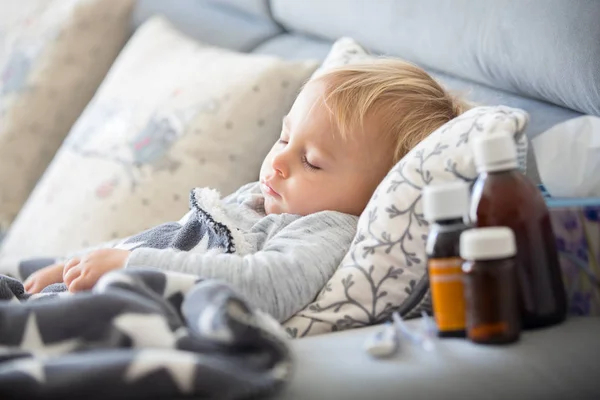 Sick Child Toddler Boy Lying Couch Living Room Fever Resting — Stock Photo, Image