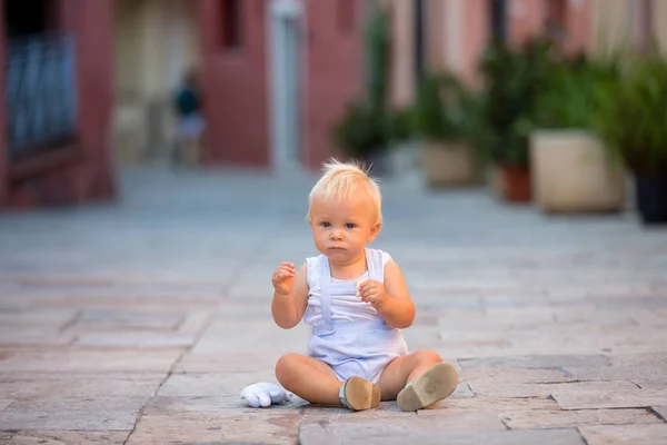 Baby Child Boy Sitting Colorful Street Town Villefrance French Riviera — Stock Photo, Image