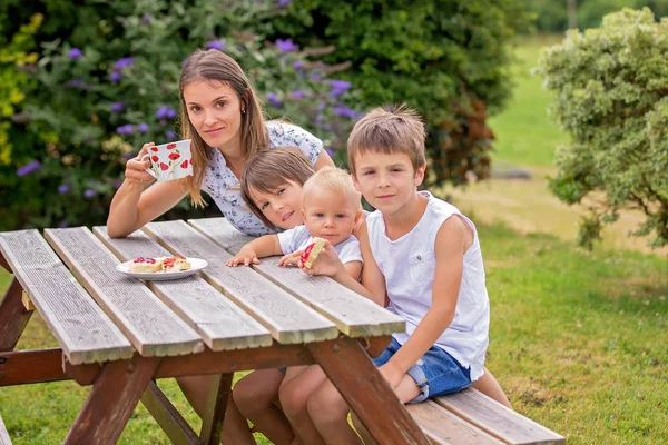 Matka Troje Dzieci Posiadające Podwieczorek Podwórku Ich Widok Domu Piękny — Zdjęcie stockowe