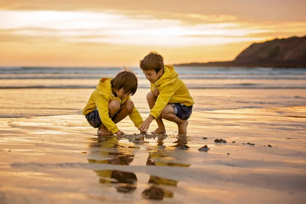 两个美丽的孩子 男孩兄弟 在沙滩上玩沙子和运行在水上日落 德文郡 — 图库照片