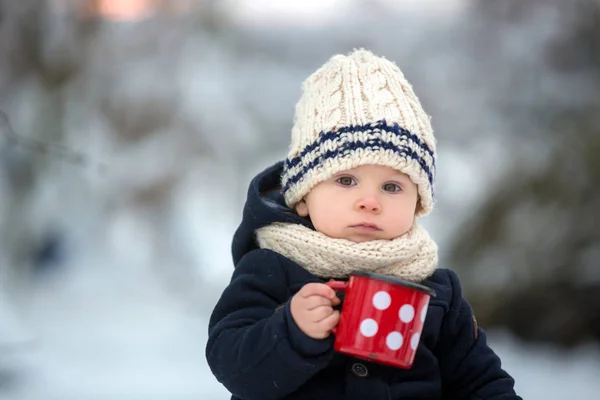 甘い兄弟 雪の森で冬のパーティーをしている子供たち 子供の友人は自然の中で屋外で休んでいます 弟達よ魔法瓶からお茶を飲んで 寒い日の熱い飲み物と飲み物 — ストック写真