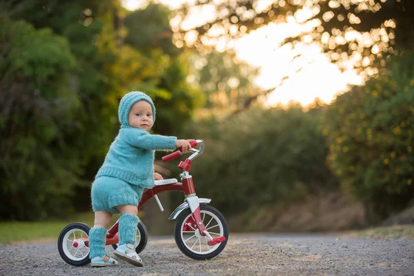 Criança Bonito Menino Brincando Com Triciclo Quintal Criança Andar Bicicleta — Fotografia de Stock