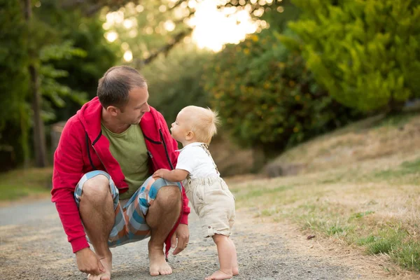 Portrait Happy Father His Little Toddler Son Son Hugging His — Stock Photo, Image