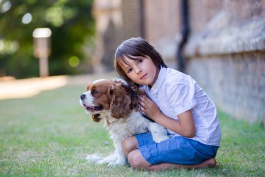 Beaugtiful okul öncesi çocuklar, par tatlı köpek ile oynuyor